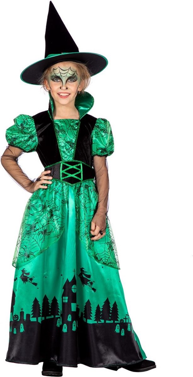 Heks & Spider Lady & Voodoo & Duistere Religie Kostuum | Green Witch Spookhuis Heks | Meisje | Maat 164 | Halloween | Verkleedkleding